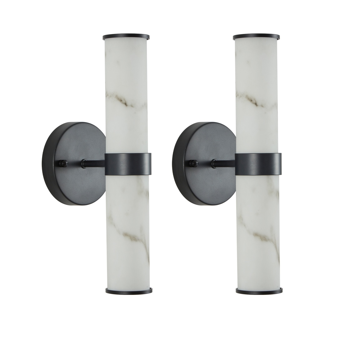 Resin Marble Texture Wall Light With Black Iron Metal Frame,Set Of 2,Elegant Lighting Fixtures For Hallways,Bathrooms,and Bedrooms Only Indoor