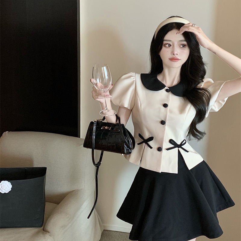 Lapel Button Bow Slit Slim Fit Puff Sleeve Shirt