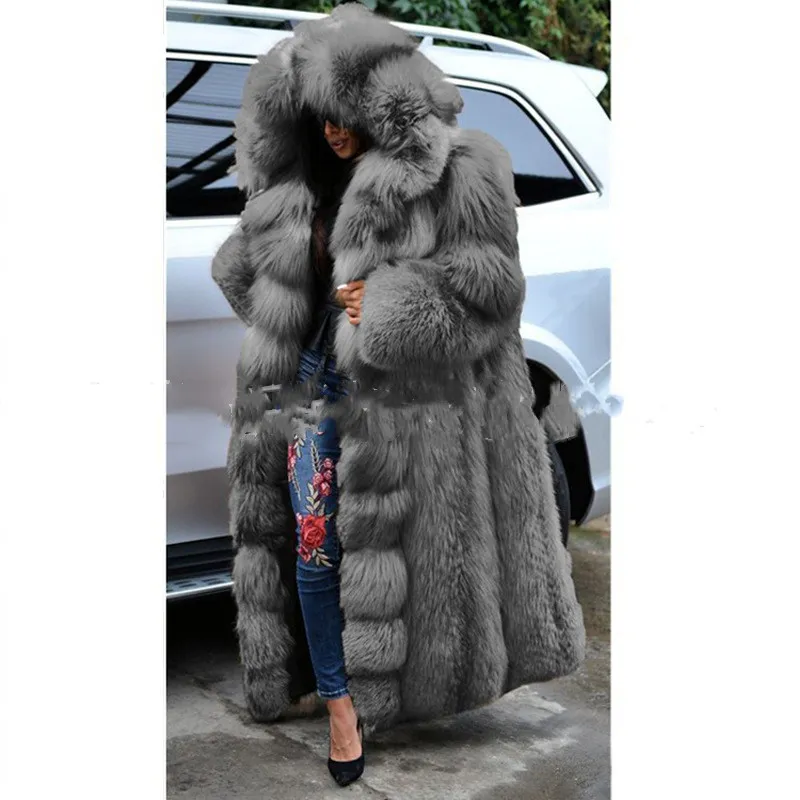 Faux Fur Coat Women Long Hooded Fur Coat - Grey