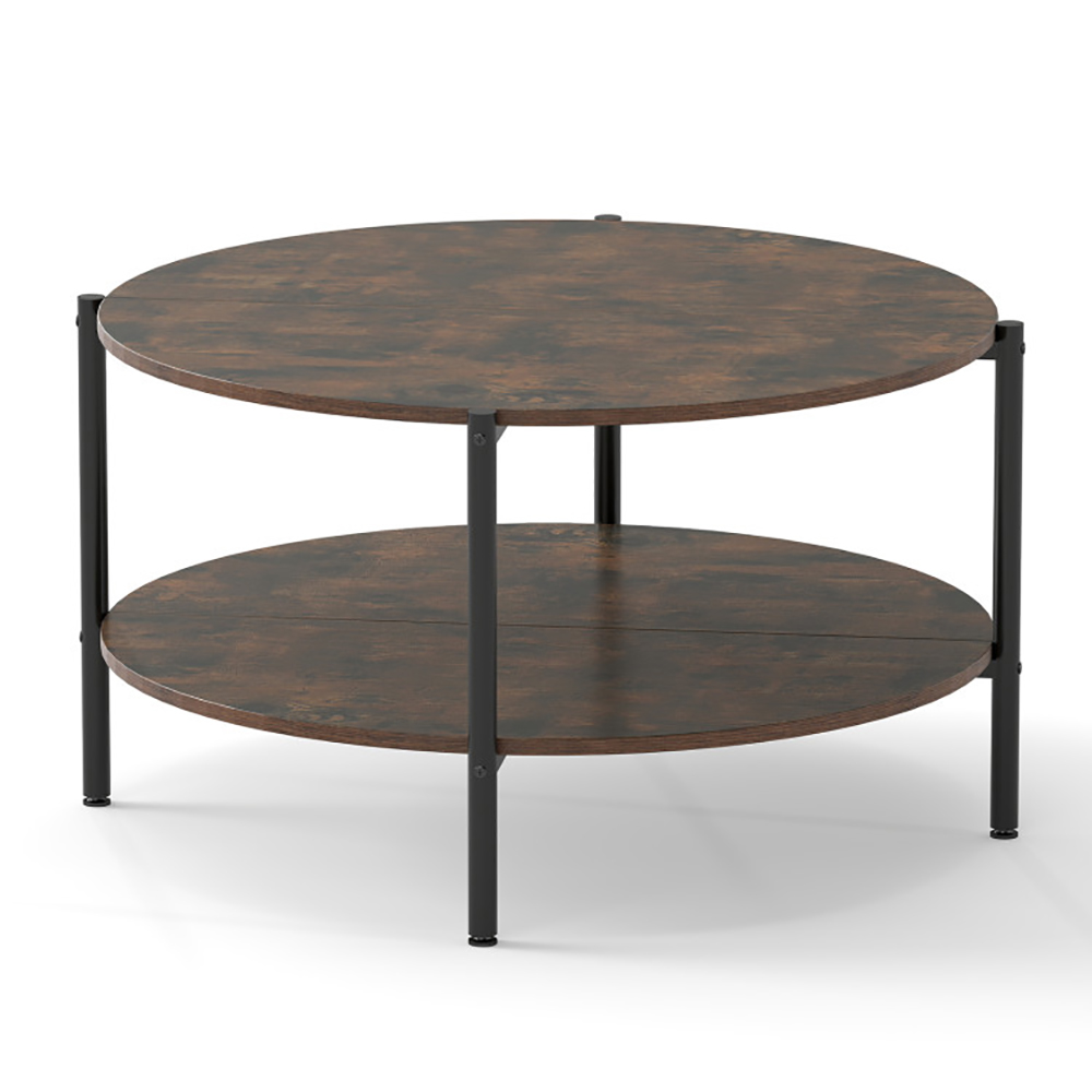 Round Coffee Table 2-Tier Industrial Accent Table With Open Storage Shelf With Adjustable Foot Pads For Apartments And Compact Spaces