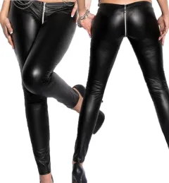 Sexy Zipper Leather Pants Leggings - Black - View 1