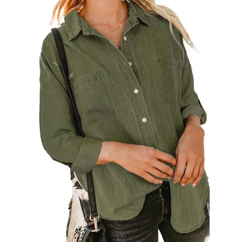 Women's Denim Coat Loose Double Pocket Long Sleeve Casual Shirt - Military Green