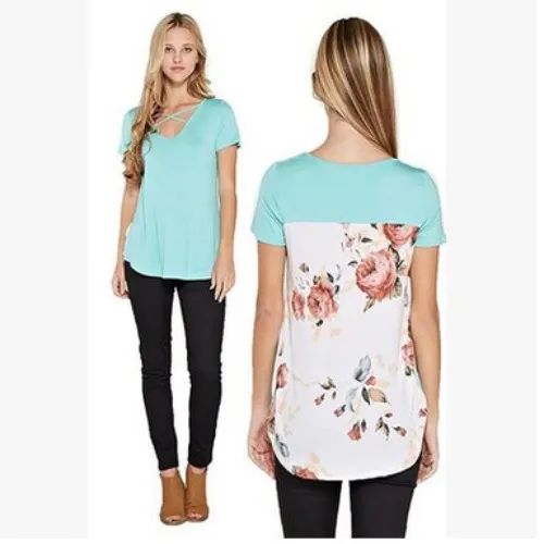 Women's Printed Patchwork Short Sleeved Loose Fitting Green - Shop at LoveMi