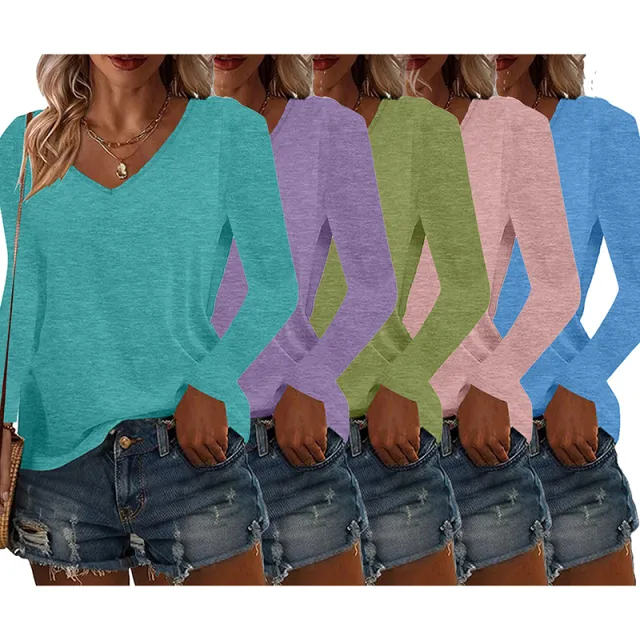 5 Pack Women's Long Sleeve T Shirts, Casual V Neck Tunic Tops Basic Loose Solid Blouses Outfit Dark Green Purplegreenpinkblue - Shop at LoveMi