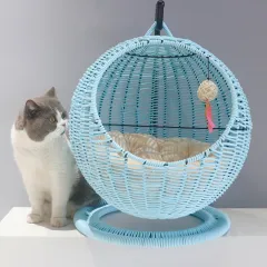 Rattan Cat Nest Hanging Basket Semi-closed Summer Four Seasons - Blue Pp Rattan Woven - View 1