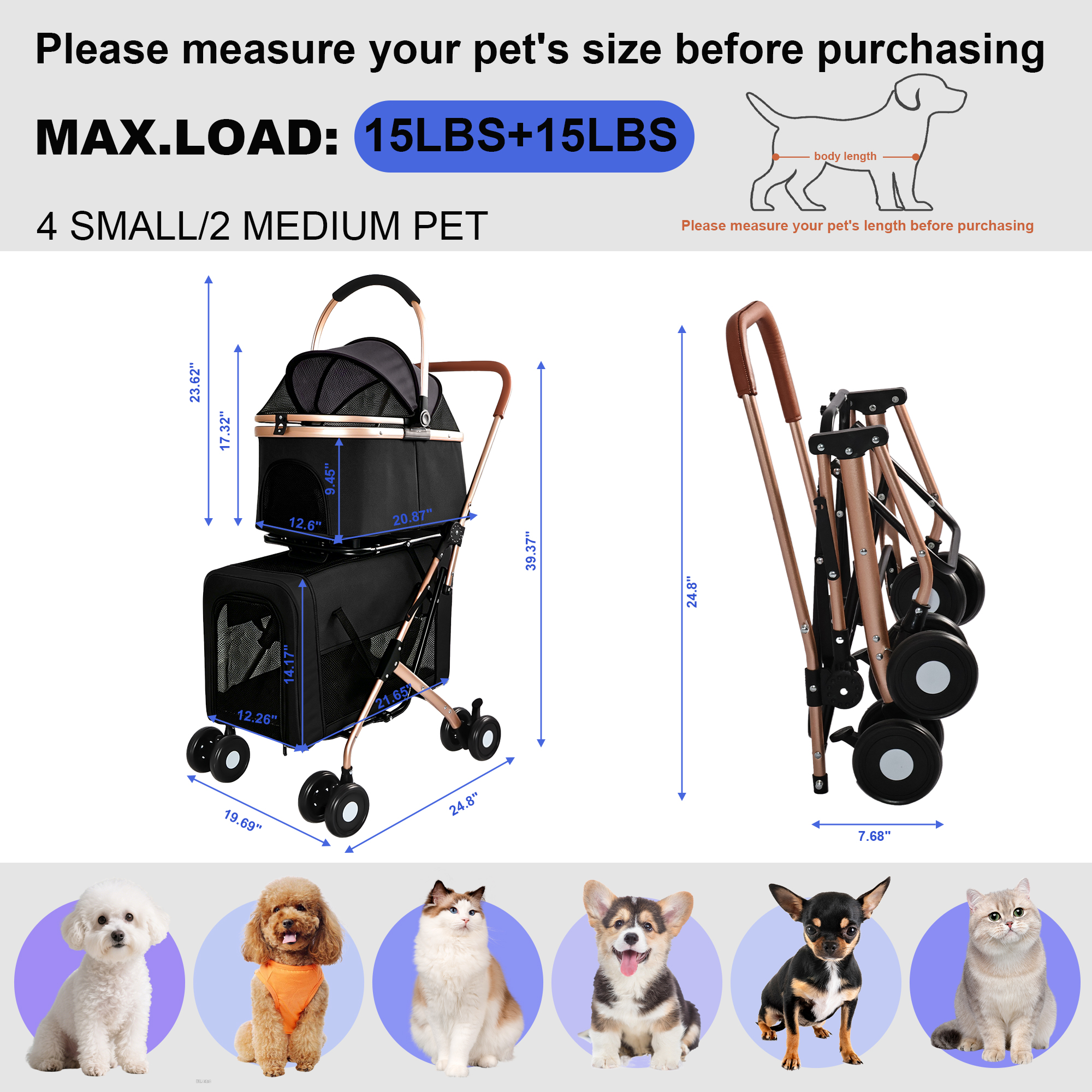 3-in-1 Double Pet Stroller For Small Medium Dogs Cats, Foldable Frame Convertible Pet Carrier Tote, Shockproof Wheels With Brake System, Dual Fixed Safety Leashes For Multi-Pet Households thumbnail 10