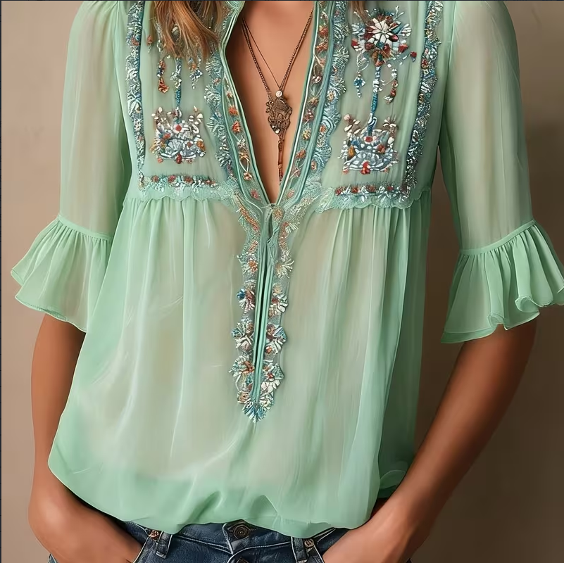Floral Embroidery Shirts Women's V-neck Mid-sleeve Chiffon Blouse Casual Daily Office Clothing