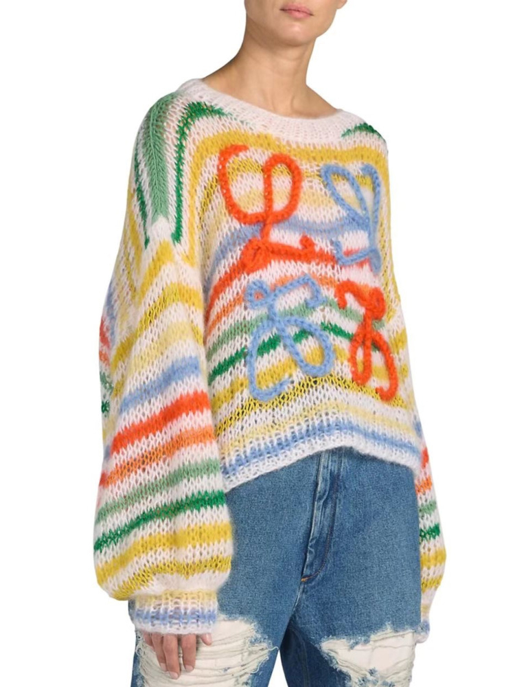 Ladies Striped Balloon Sleeve Crew Neck Sweater