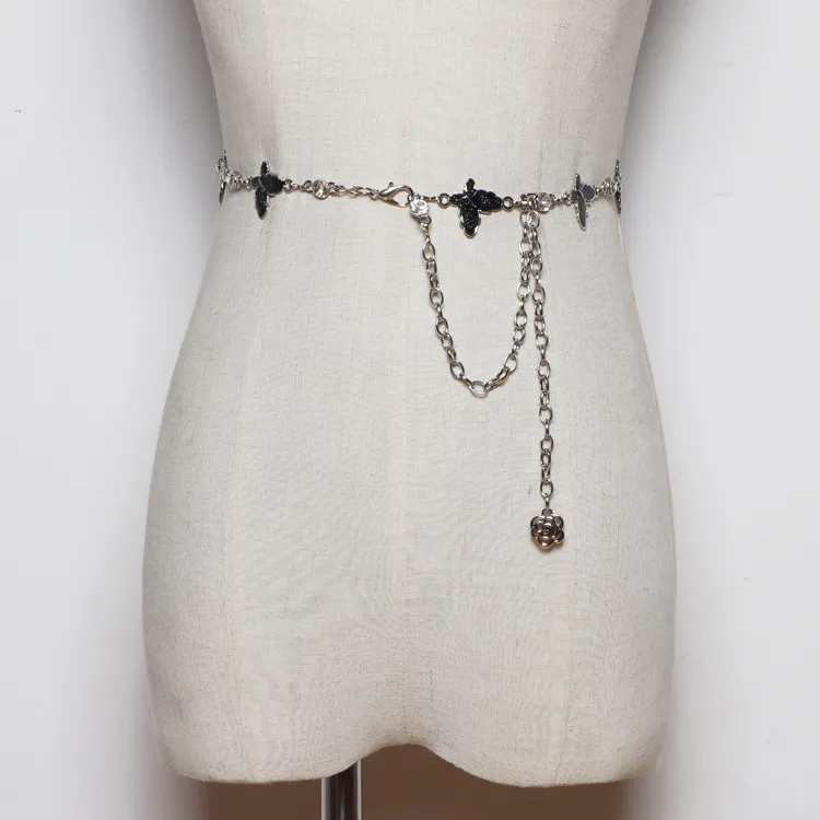 Metal Waist Chain Women's Thin Belt With Skirt Butterfly Decoration Dress - Black
