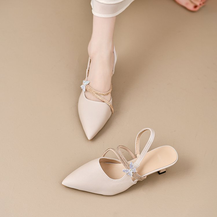2026 Summer New Women French Pointed Toe Two-Way Wear Closed Toe Mules, Rhinestone Block Heel Slide Sandals product image