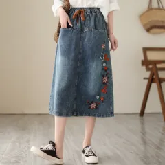 Vintage Embroidered Hole Denim Skirt Spring And Autumn New Style - Blue - View 1