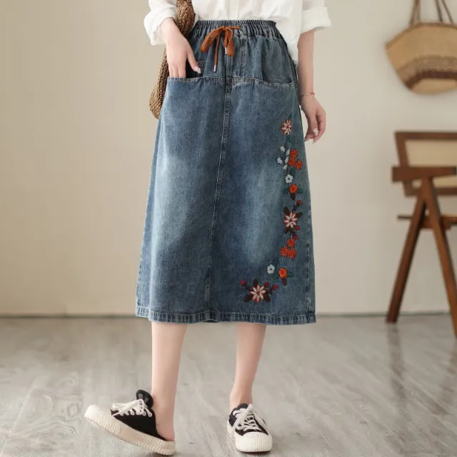 Vintage Embroidered Hole Denim Skirt Spring And Autumn New Style Blue - Shop at LoveMi