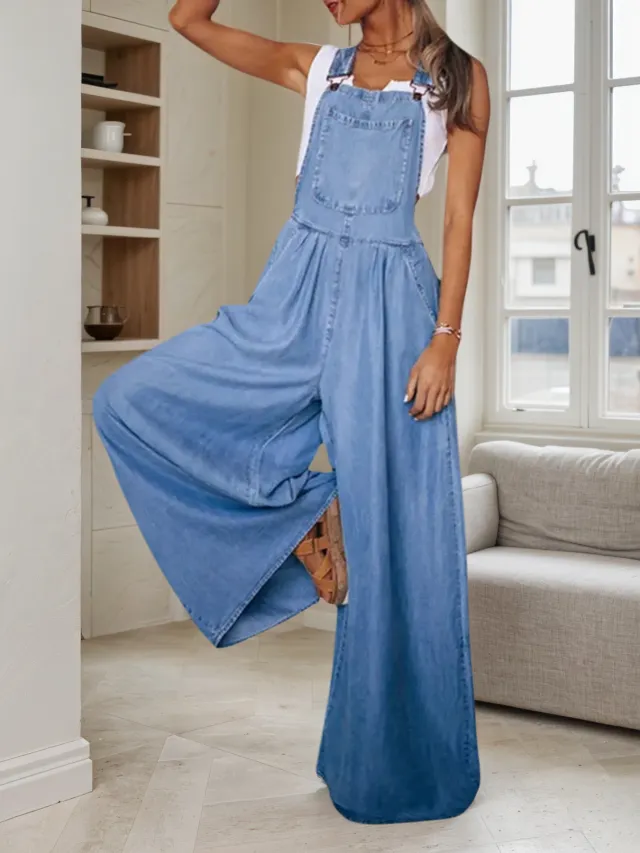 New Playful And Cute Denim Overalls, Adjustable Shoulder Straps, Wide Leg Jumpsuit With Pocket Decoration, All Season Jumpsuit, Wide Leg Fashion, F... - Shop at LoveMi