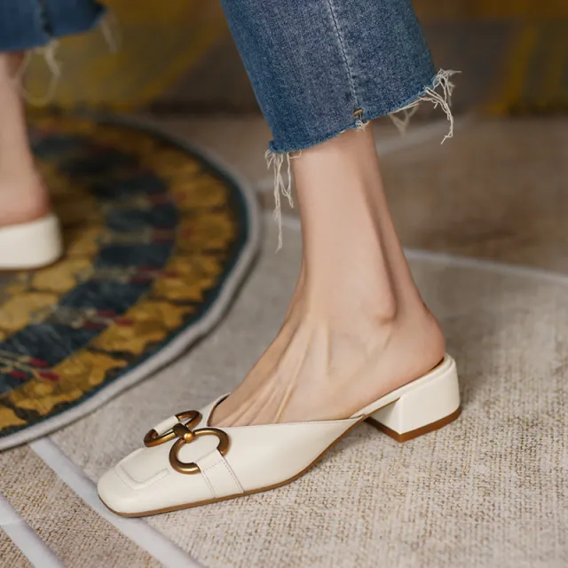 Women's Square Head Horsebit Medium Chunky Heel Half Slippers Beige - Shop at LoveMi