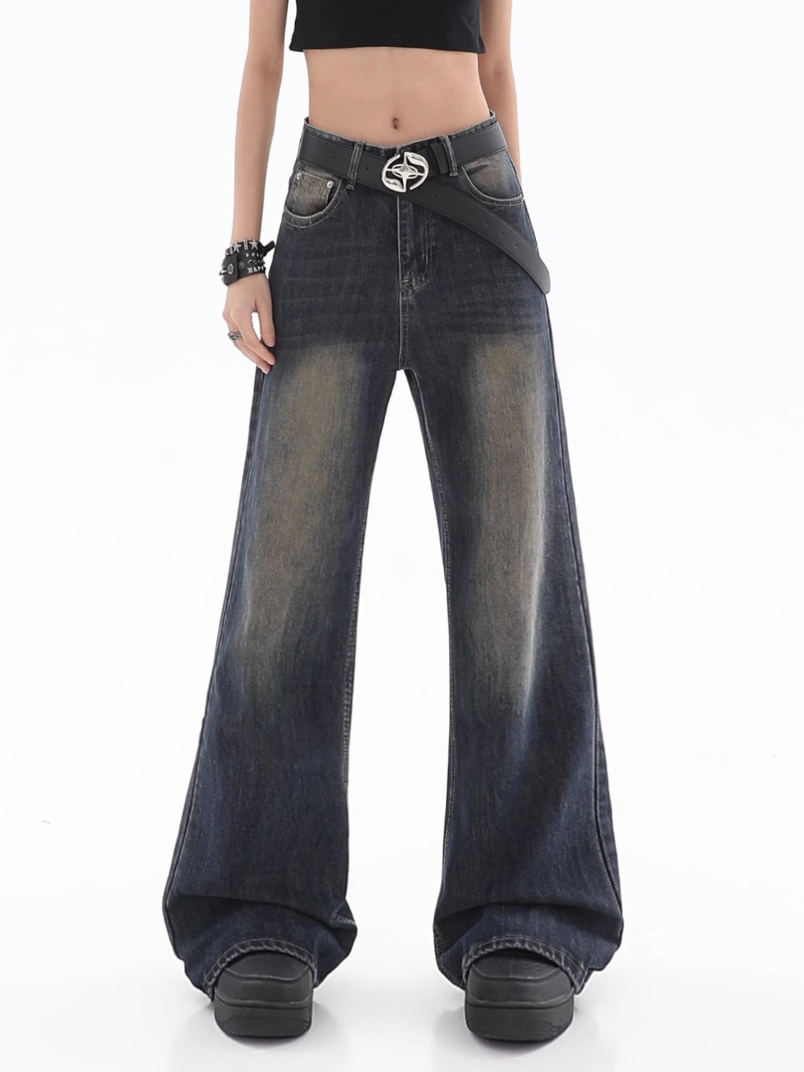 Title 3, Damen Loose Hänge Jeans Vintage Destroyed Strai...