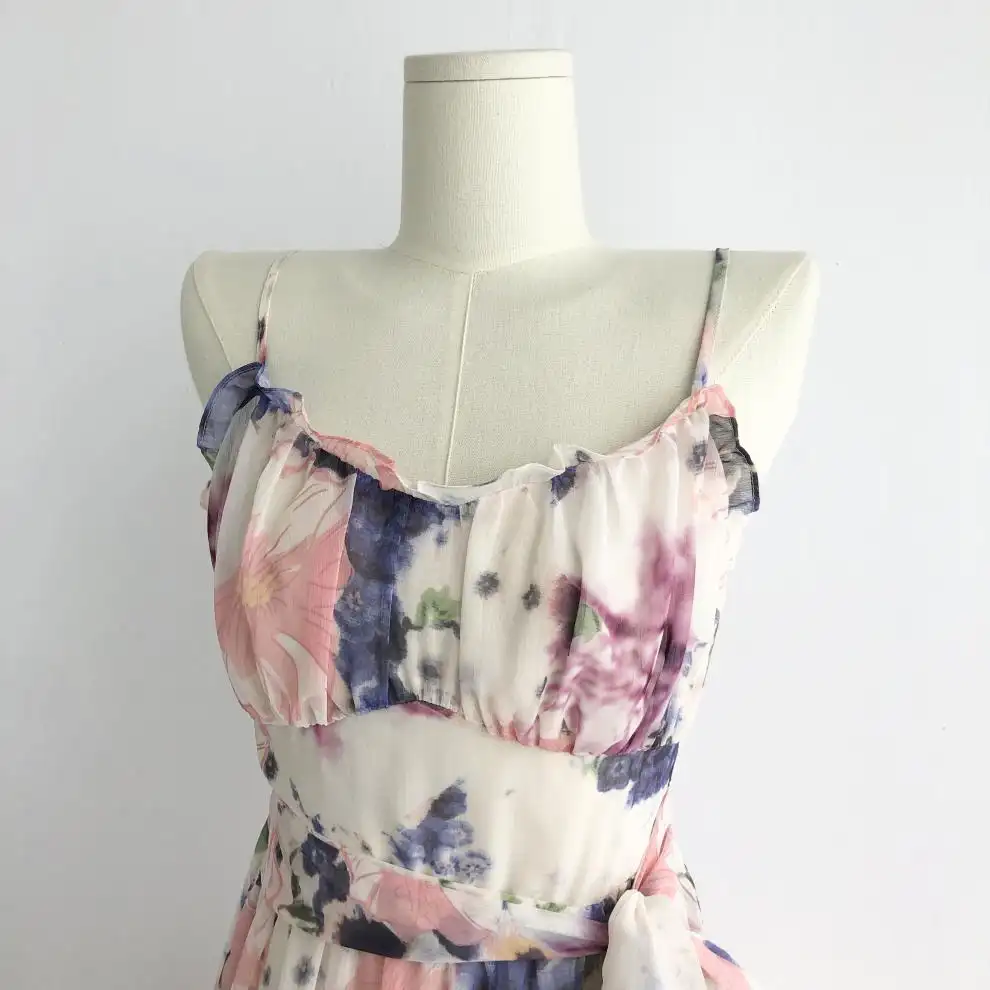 French Strap Dress Seaside Snow Square Floral