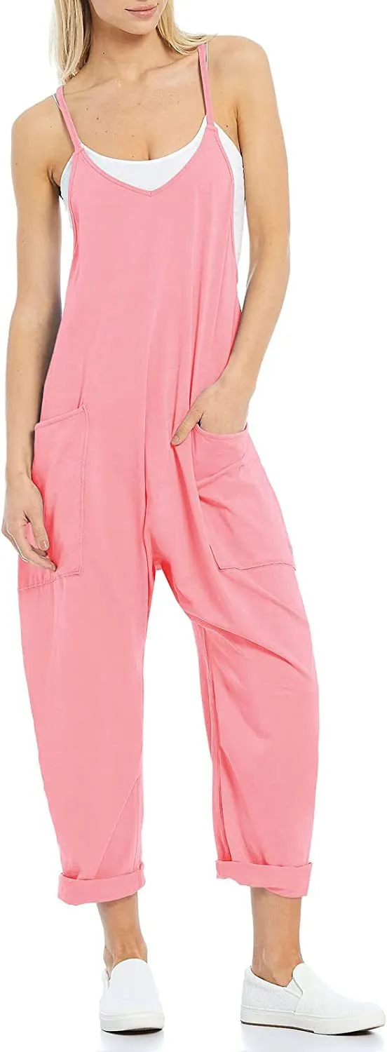 Women's Fashion Simple Large Pockets Strappy Pants Pink - Shop at LoveMi