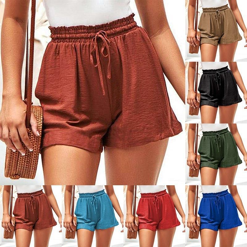 Linen A-Line Wide-Leg Elastic Lace-Up Shorts Women's Casual Pants