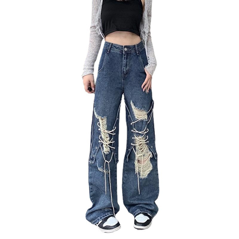 Ripped Lace up Denim Women's High Waist Straight Wide Leg Pants Dark Blue - Shop at LoveMi