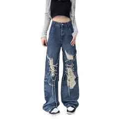 Ripped Lace-up Denim Women's High Waist Straight Wide Leg Pants - Dark Blue - View 1