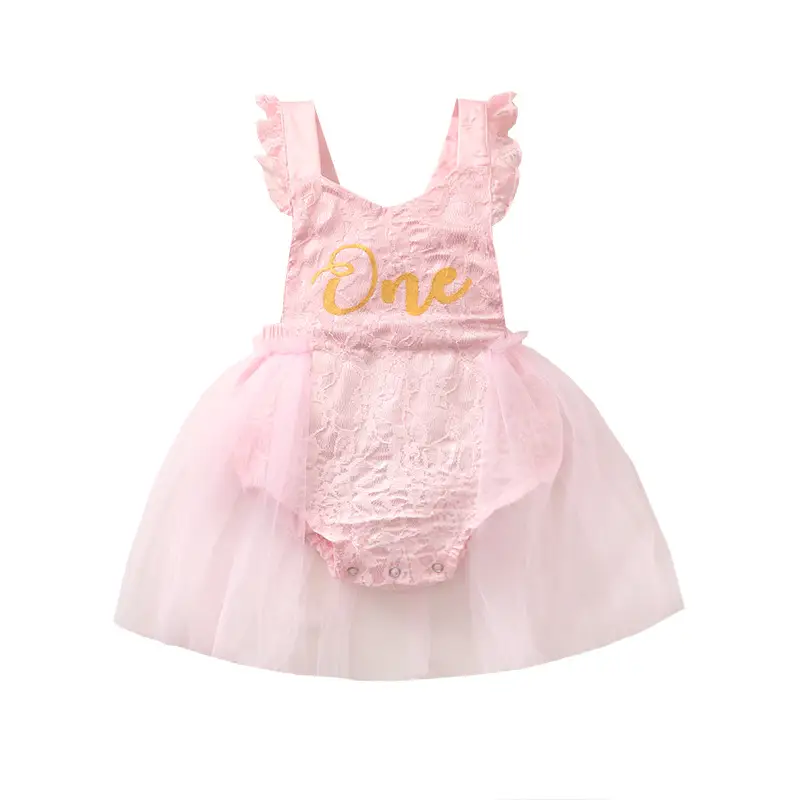 Baby Flounced Sleeve Lace Composite Mesh Floral Print Romper