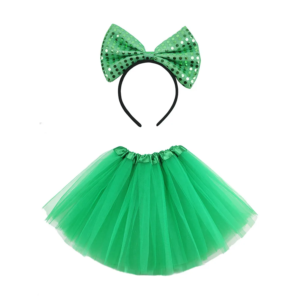 Irish Set Shamrock Sequined Big Bow Headband Three Tier Gauze Skirt - Green