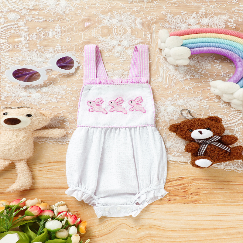 Baby Sweet Bunny Romper, Ruffle Trim Onesie With Adjustable Straps & Snap Closure
