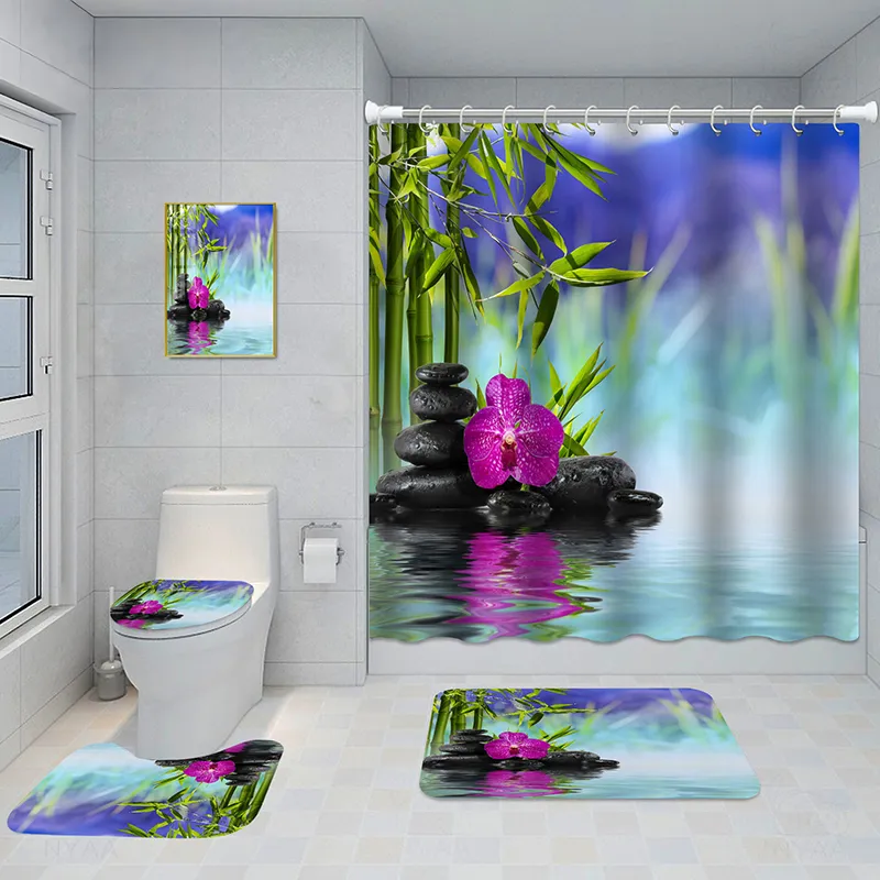 Bathroom Five-piece Set, Shower Curtain, Three-piece Mat Set, Aluminum Alloy Decorative Painting