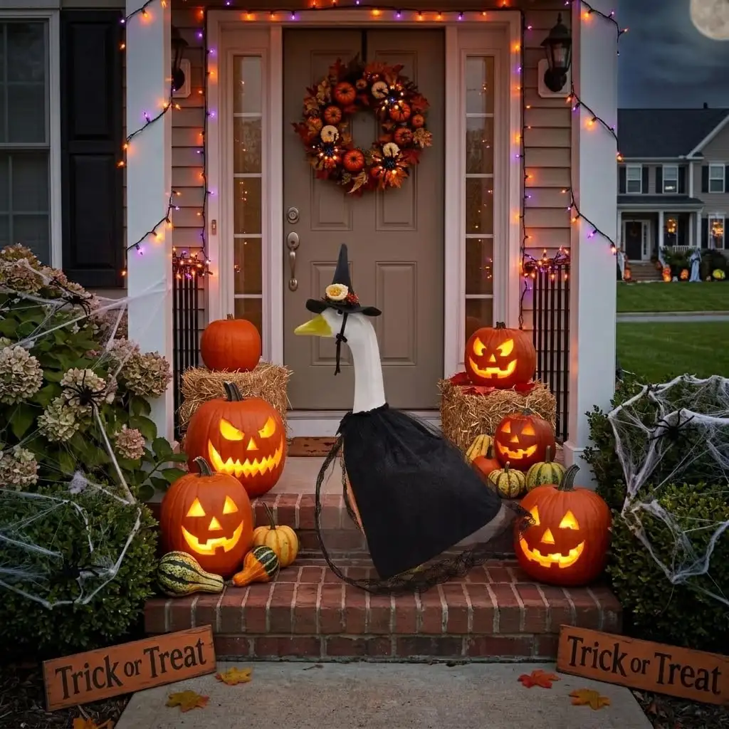 Halloween Porch Goose Outfits, Pumpkin Witch Black Cat Dress With Hat For 23'' Lawn Cement Plastic Goose Cute Porch Goose Outfit For Outdoor Garden Yard Decor