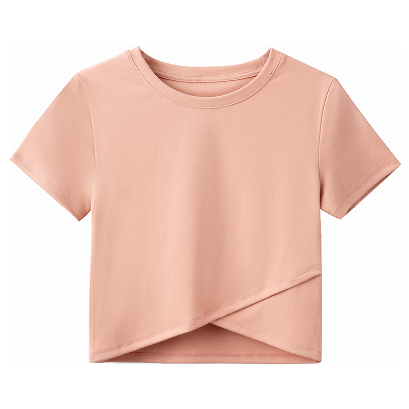 Title 1, Round Neck Solid Color Irregular Hem Short Sleeves