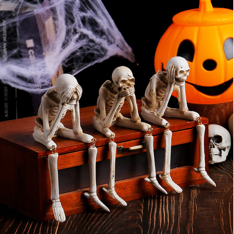 Halloween Skeleton Figurines Set Of 3, Resin See No Evil Hear No Evil Speak No Evil Skeleton Statues, Gothic Shelf Tabletop Mantel Indoor