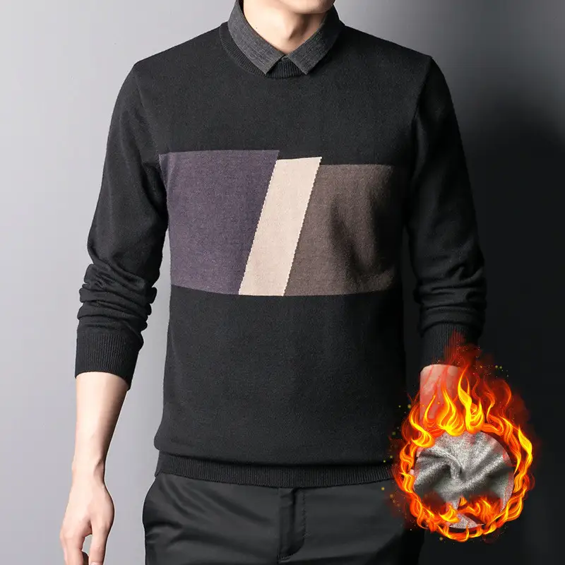 Colorblock Slim Top Fall Winter Men's Shirt Collar Knitwear