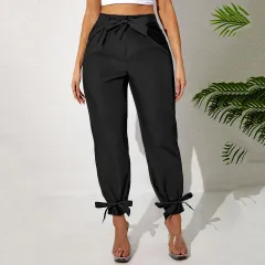 Solid Color Temperament Leg Tie Wooden Ear Trim Casual Women's Pants - Black - View 1