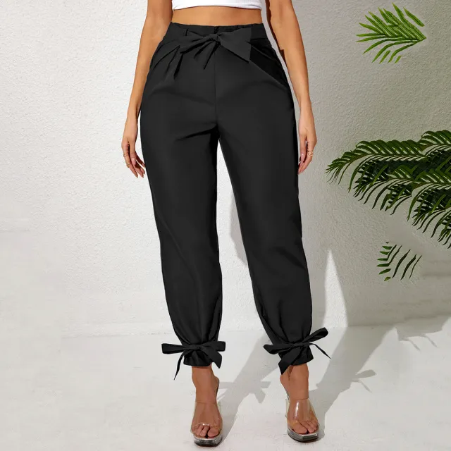 Solid Color Temperament Leg Tie Wooden Ear Trim Casual Women's Pants Black - Shop at LoveMi