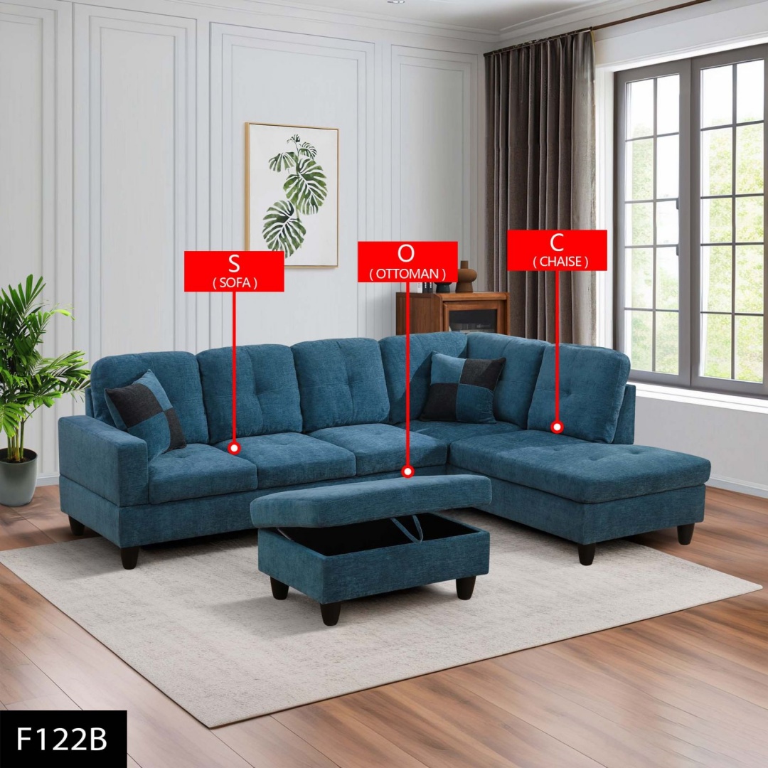 Pickup Only--Blue Flannel 3-Piece Couch Living Room Sofa Set