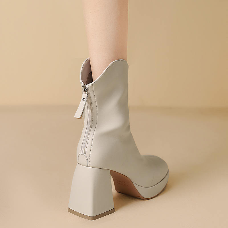 Title 4, High Heel Back Zip Ankle Boots Chunky Heel Squa...