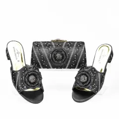 Low Heel Flat Floral Slippers With Same Twill Clutch - Black - View 1