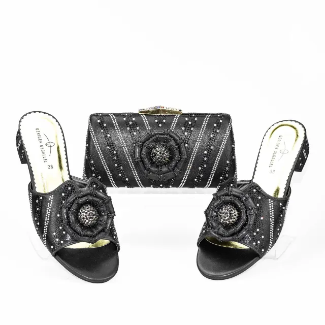 Low Heel Flat Floral Slippers With Same Twill Clutch Black - Shop at LoveMi