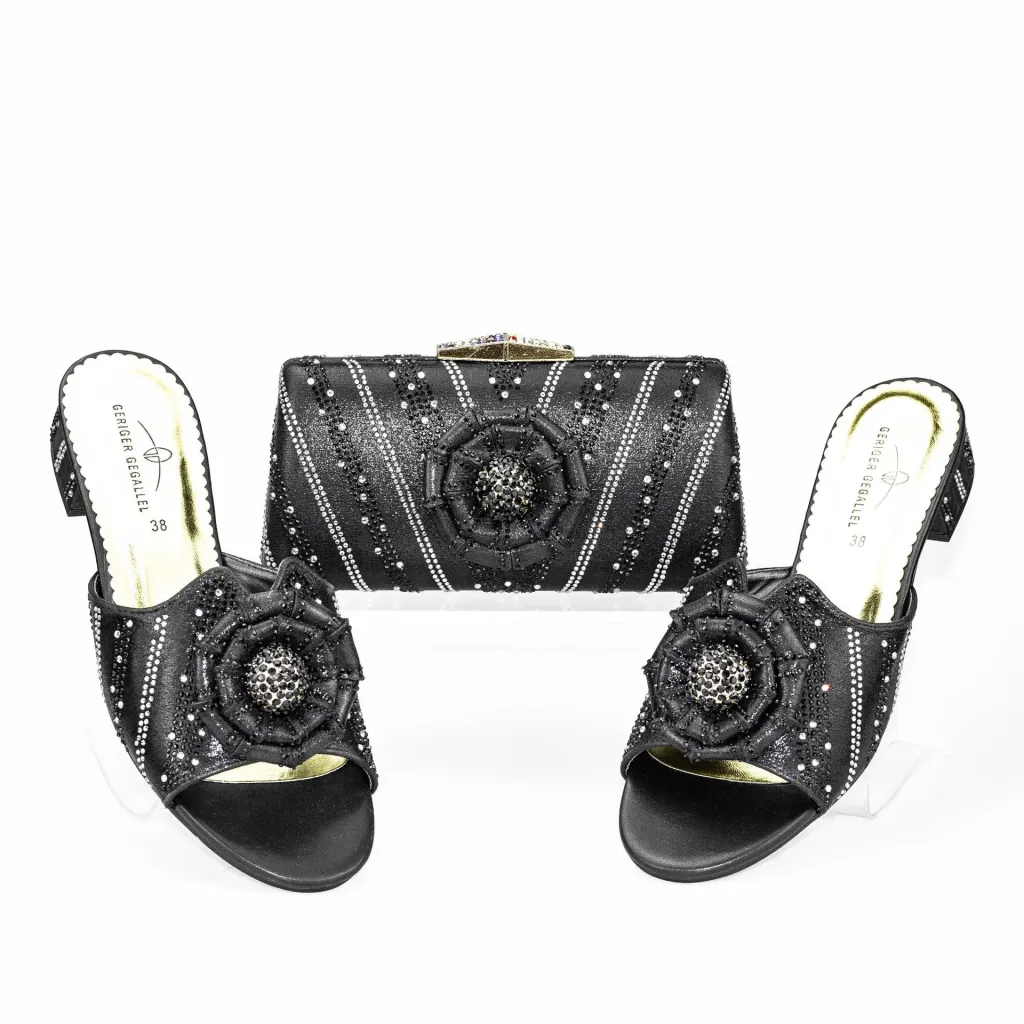 Low Heel Flat Floral Slippers With Same Twill Clutch - Black