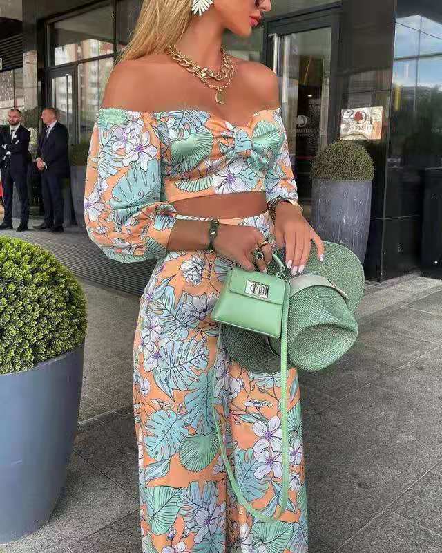Fashion Printed One-shoulder Long-sleeved Wide-leg Pants Suit