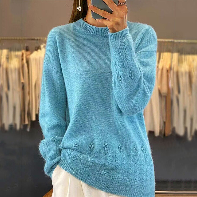 Women's Solid Color 3D Floral Embroidered Sweater, Loose Round Neck Long Sleeve Pullover For Autumn & Winter Blue - Shop at LoveMi