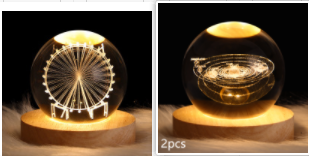 Kleine nachtlamp met kristallen bol, sterrenhemel en planeten – massiefhouten lampvoet, zonnestelsel 6 cm, 2 stuks