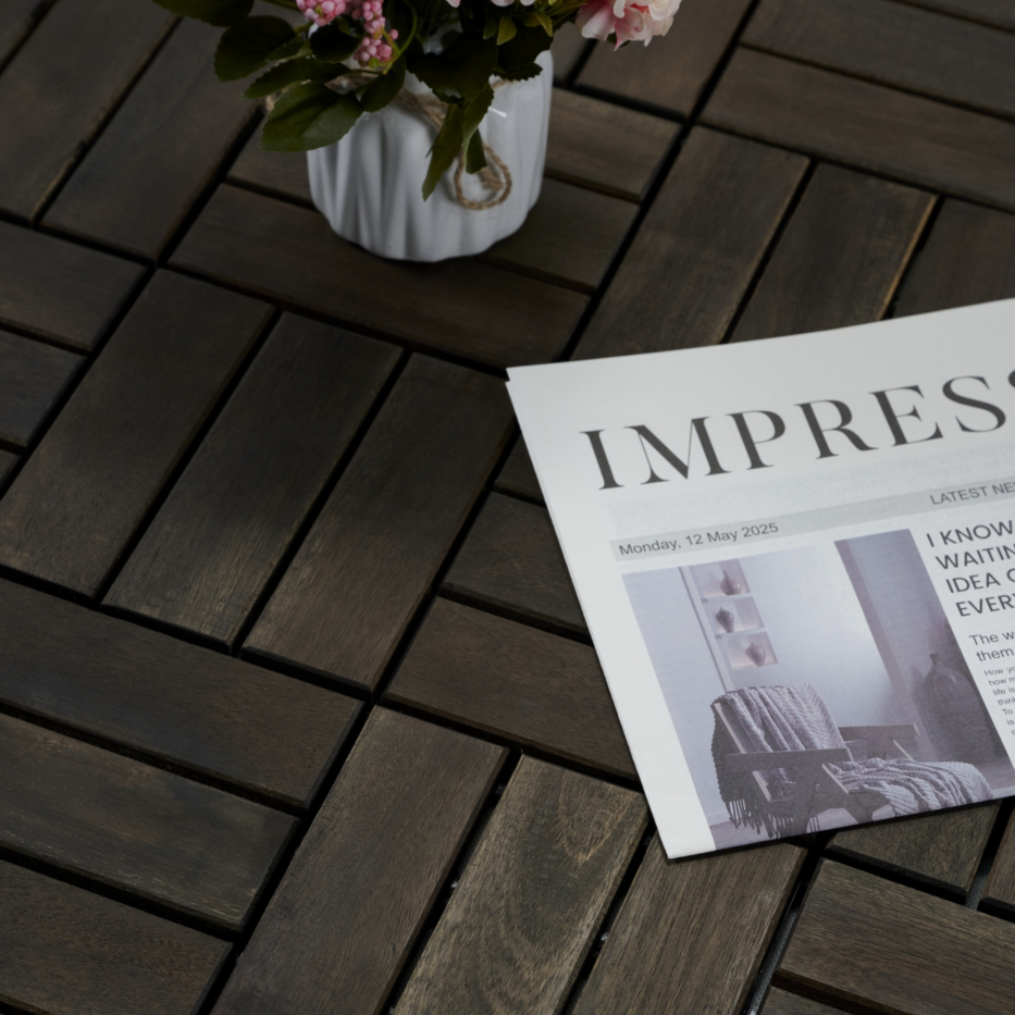 Acacia Wood Interlocking Deck Tiles Checker Pattern, 30 PCS 12inch X 12inch Dark Brown Square Acacia Hardwood Outdoor Flooring For Patio, Bancony, Pool Side