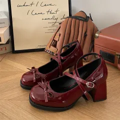 Women's Cross Mary Jane Bow High Heels - Wine - View 1