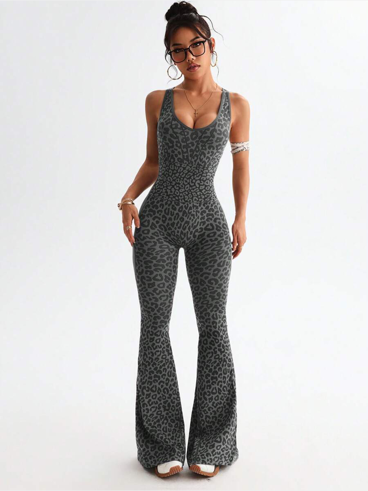 Women's Leopard Print Crisscross Back Seamless One-Piece Yoga Jumpsuit For Fitness & Sports 3