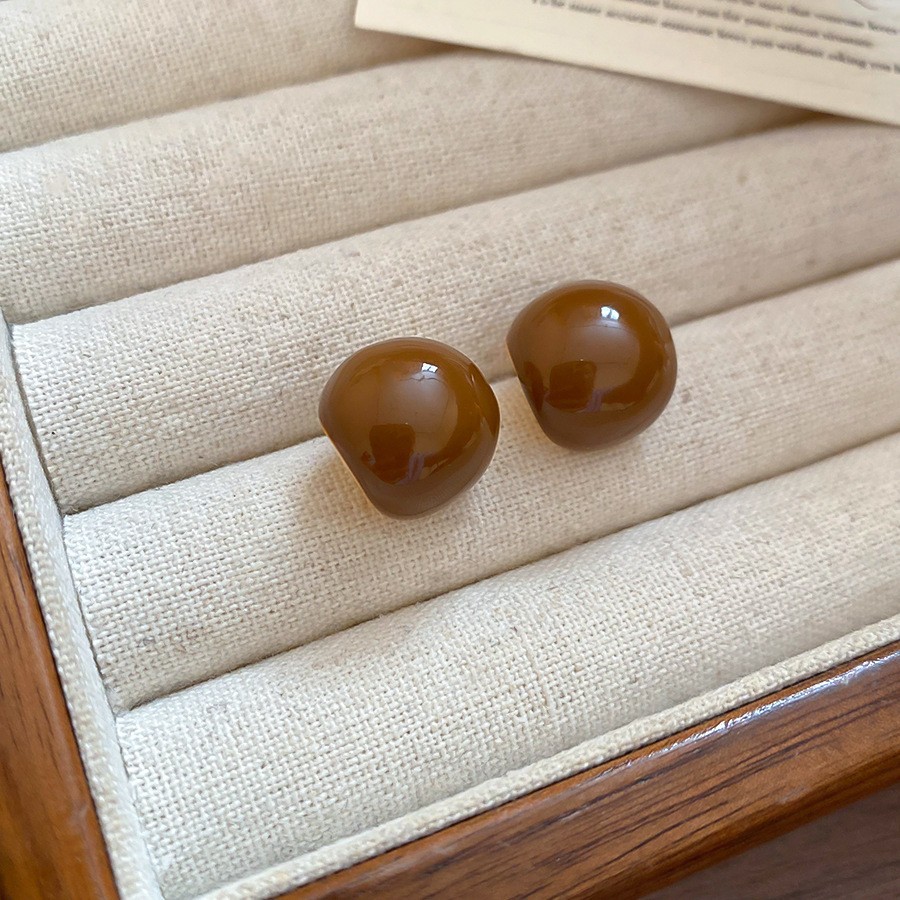 Amber Resin Hoop Stud Earrings with Gold Accents - Vintage Style Button Earrings - Image 3