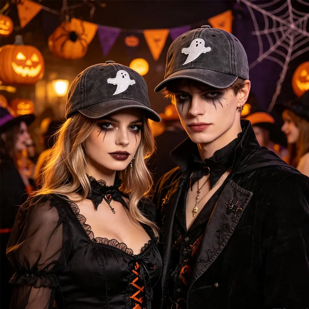 Halloween Ghost Embroidered Baseball Cap, Vintage Washed