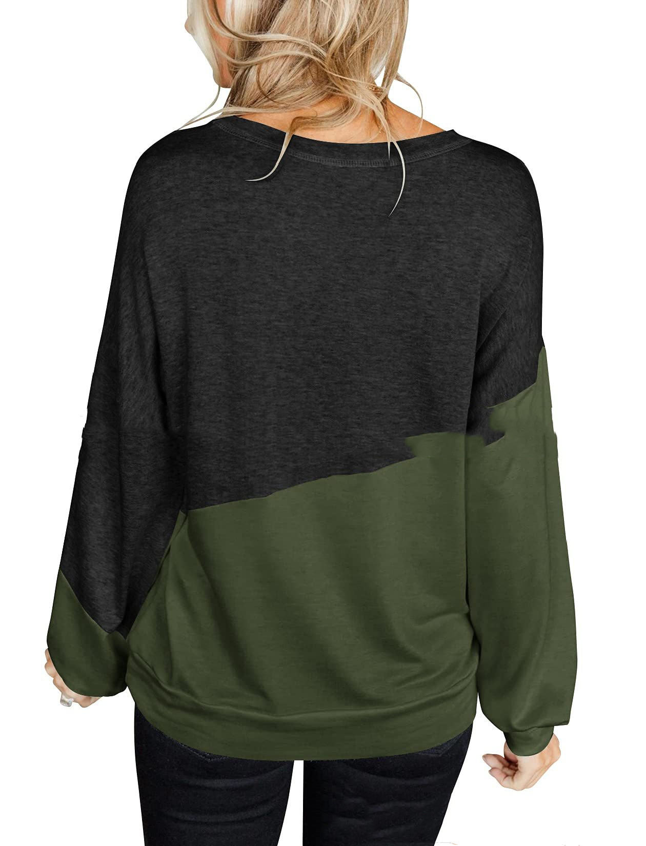 Long Sleeve Stitching Round Neck Contrast Color Top T-shirt