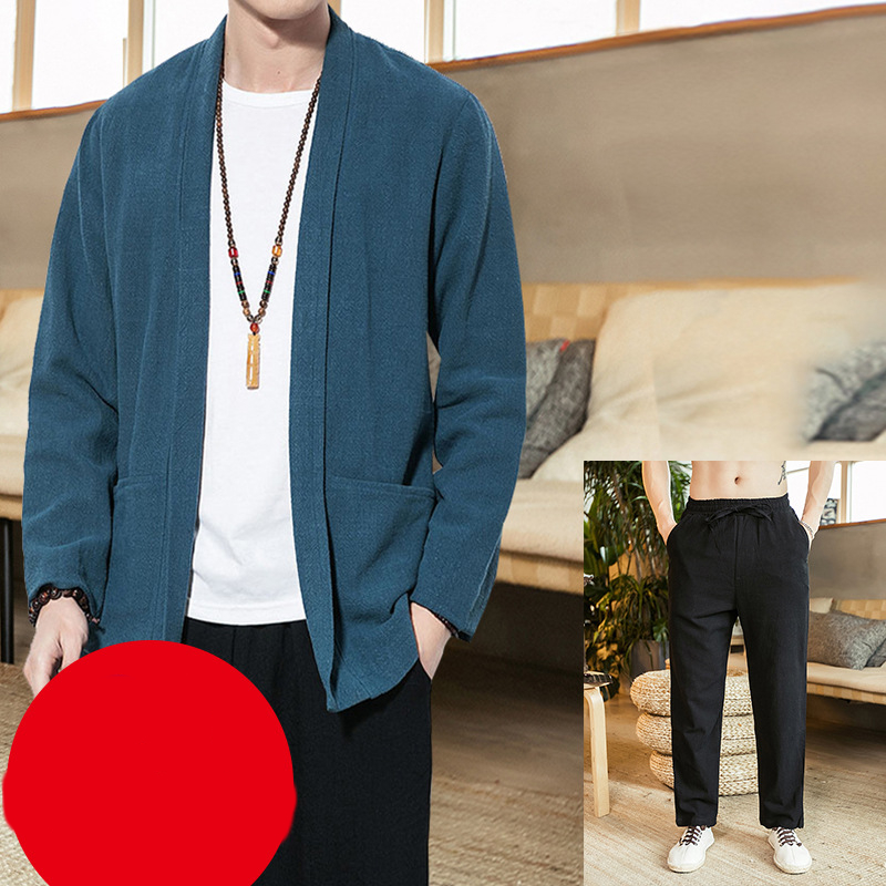 Spring Jacket Retro Cotton And Linen Cardigan Jacket Men's Plus Size Windbreaker