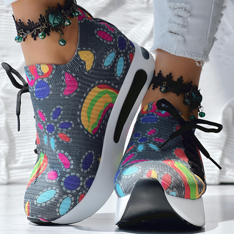 Women's Random Print Side Lace-Up Elastic Sport Shoes, Comfortable Slip-On Sneakers For Women, Casual Daily Wear Footwear — foto 20
